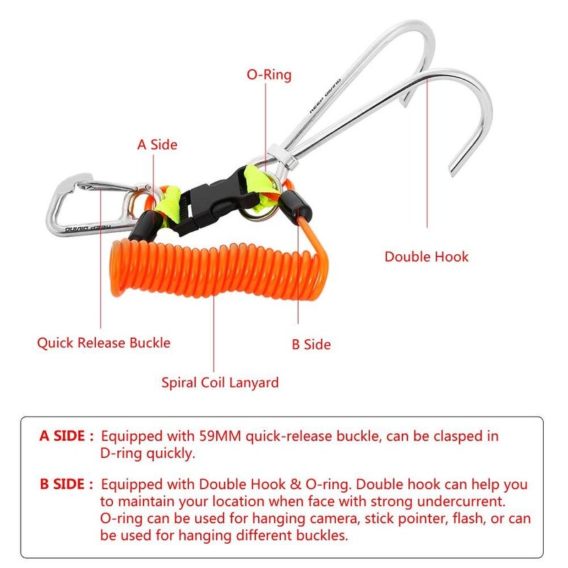 VGEBY Diving Reef Hook, Stainless Steel Reef Double Hook with Spiral Coil Lanyard (Orange) - Image 3